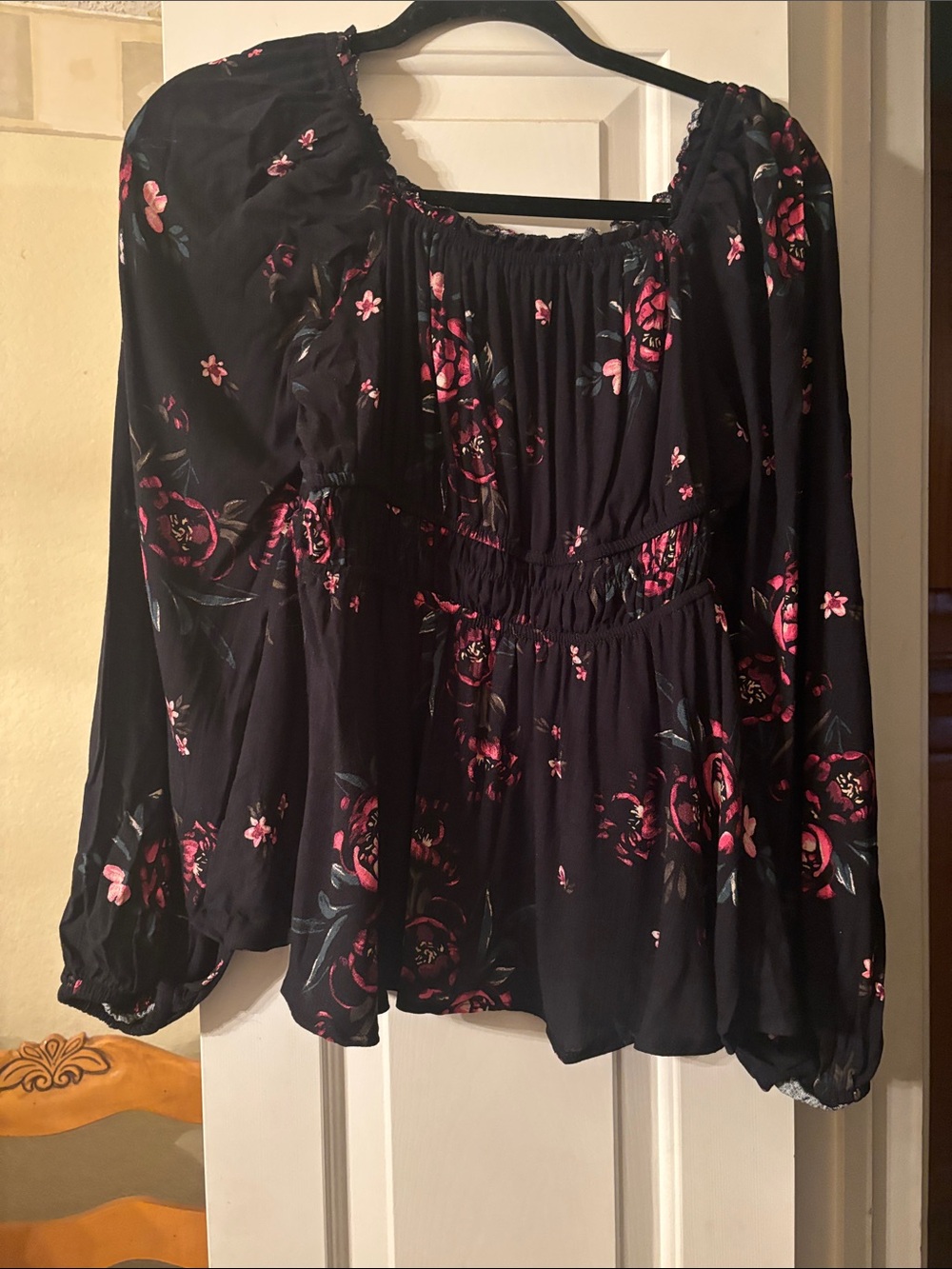 torrid Black Peasant Blouse with Pink Floral Print